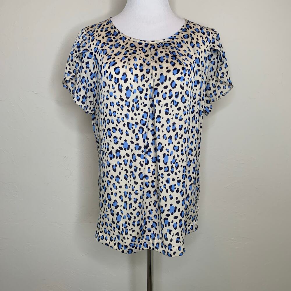 Liz Claiborne Leopard Print Cream Blue Black Blouse Sz Large